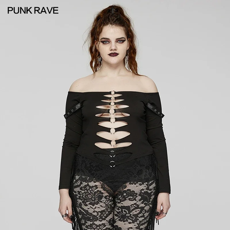 

PUNK RAVE Women's PunK Sexy Hollow Cut Horizontal-neck Ring Decorative T-shirt Long Sleeve Minimalist Tops Spring/Autumn