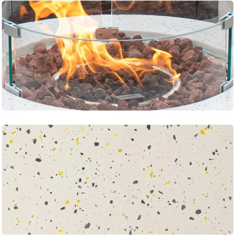 Outdoor Propane Fire Pit Coffee Table, 28-inch Terrazzo Round Base Patio Heater, 40,000 BTU Stainless Steel Burner