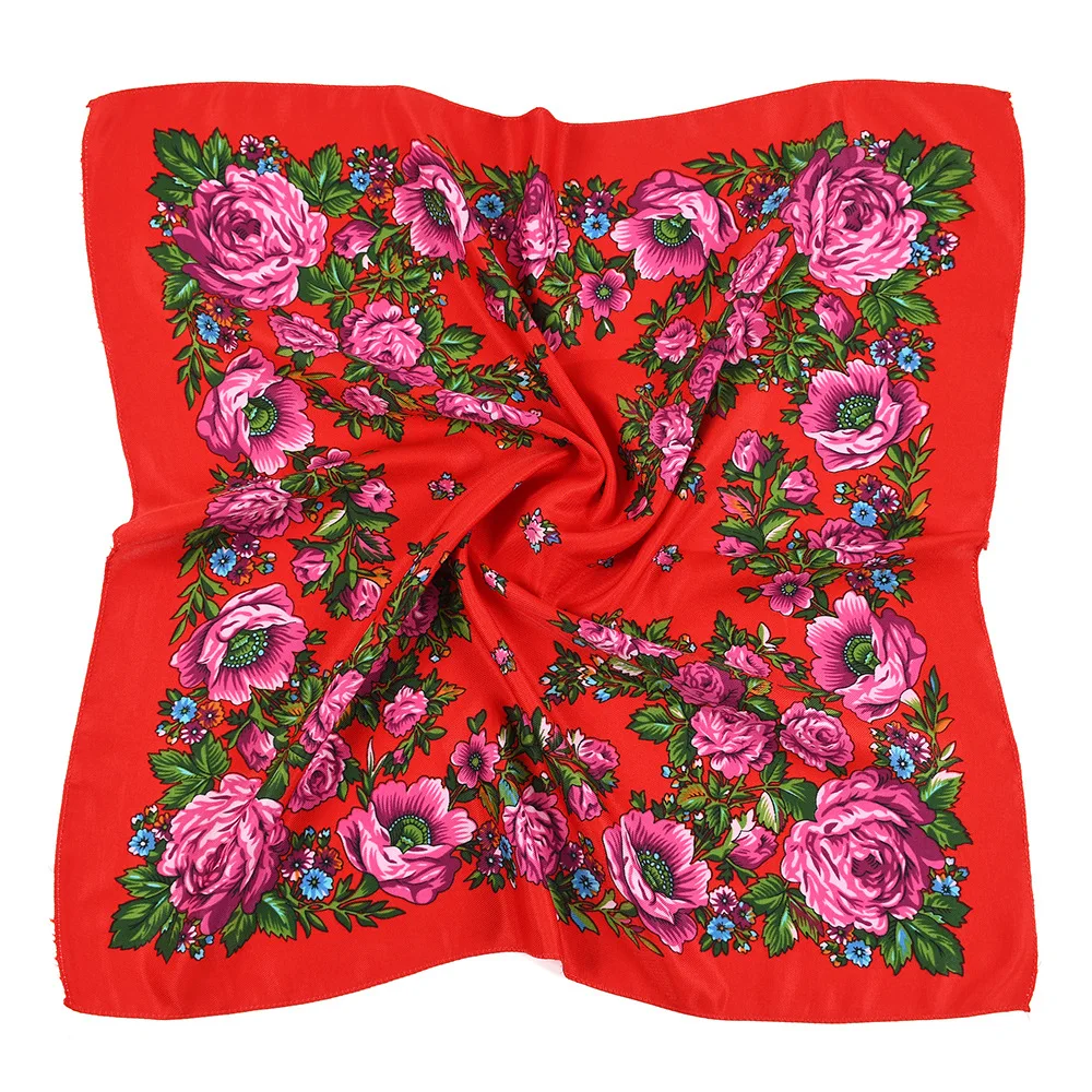 70*70cm Russische Quadrat Schal Frauen Luxus Floral Print Bandana Kopf Wraps Taschentuch Babuschka Stirnband Schals – Detail 9