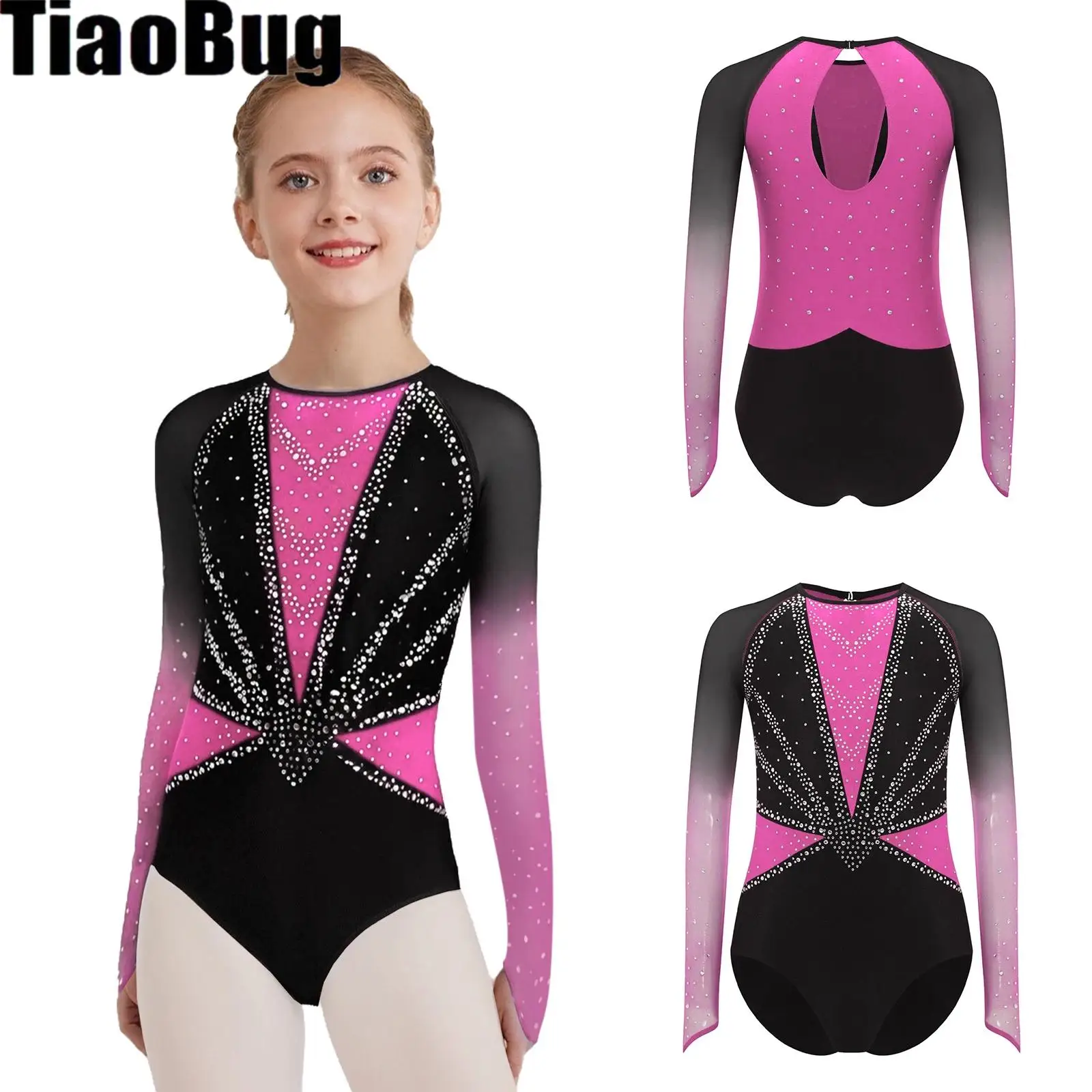 Kids Girls Color Block Dance Leotard Round Neck Sheer Mesh Long Sleeves Keyhole Back Shiny Rhinestones Leotard for Gymnastics