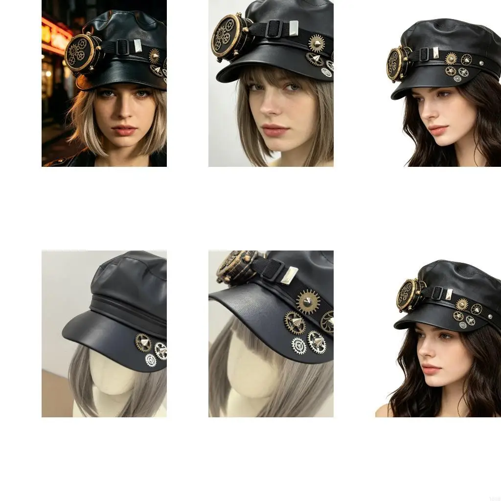 Black Gothic Cabbie Cap Cosplay Headwear with Gear Accent and Goggle, Costume Props Newsboys Cap for Theme Parties, Halloween