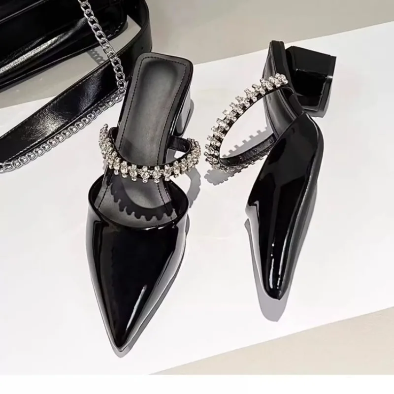 Crystal One Strap Block Heel Pointed Toe Slippers Autumn New Shallow Mouth Anti-slip Wear-resistant Wrapped Toe Slippers