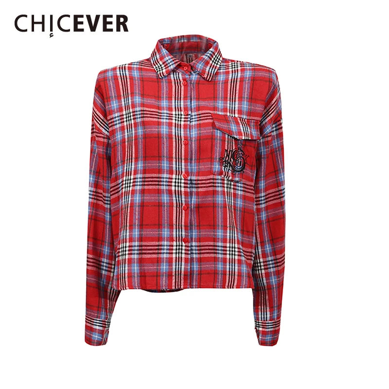 

CHICEVER Hit Color Plaid Spliced Pocket Women's Shirt Lapel Long Sleeved Patchwork Button Design Casual Shirts Female Fashion