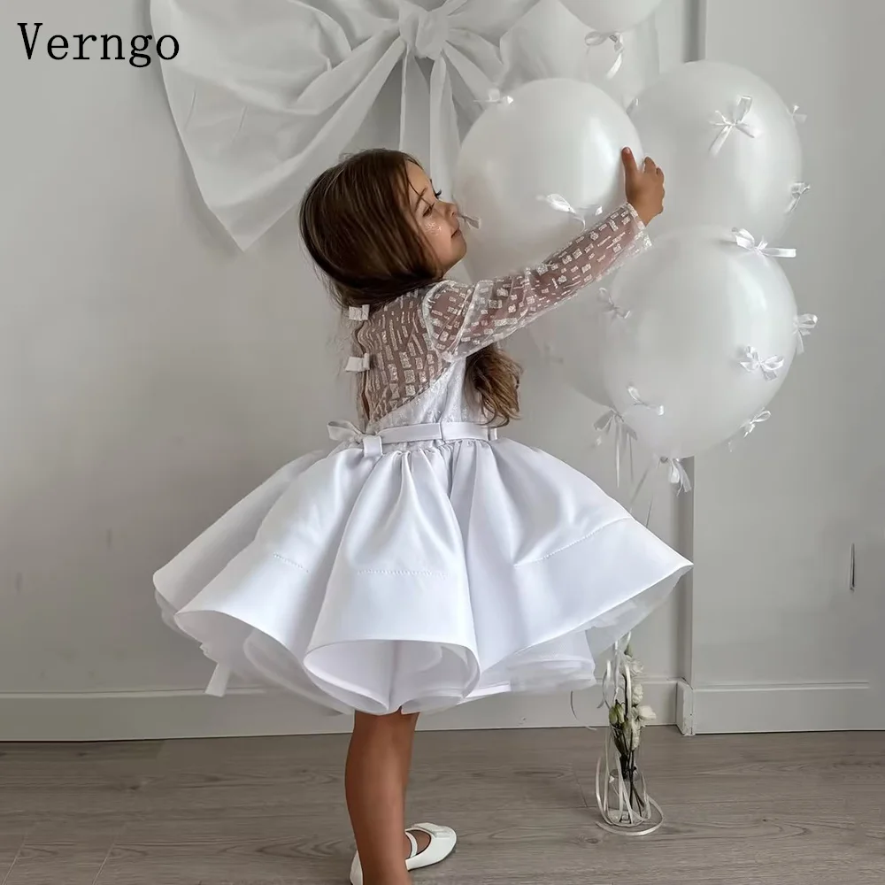 

Verngo White Sequined Satin Kid Birthday Dress O Neck Full Sleeves A Line Ball Gowns Baby Girl Party Dress Celebrity Customized