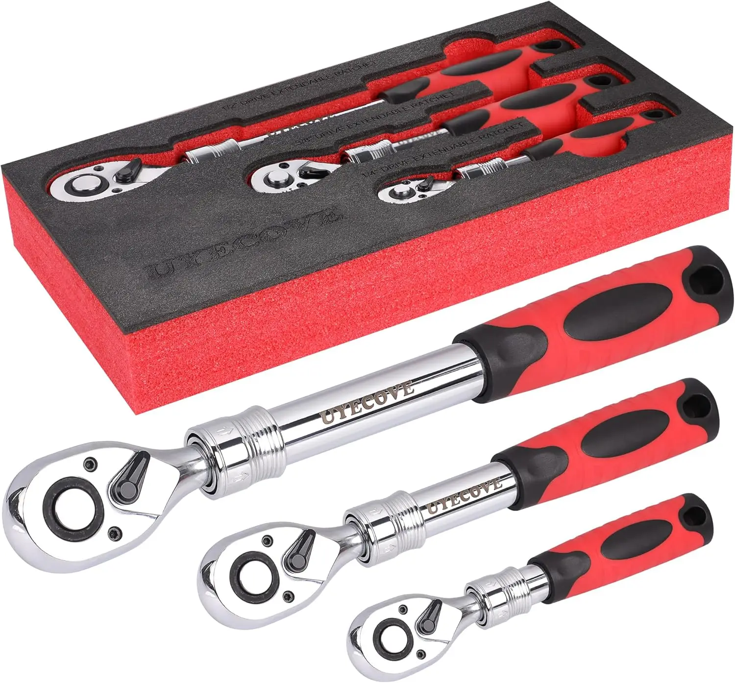 

3-Piece Extendable Ratchet Set with 1/4, 3/8, 1/2 Inch Sockets, 72-Tooth Quick-Release & Soft Grip Handle