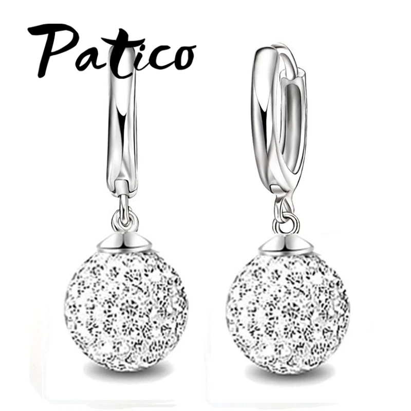 Szybki bezpłatny statek 925 Sterling Silver austriacka Pave kula dyskotekowa Hoop dźwignia kolczyk zapinany z tyłu kobieta biżuteria wiele kolorów