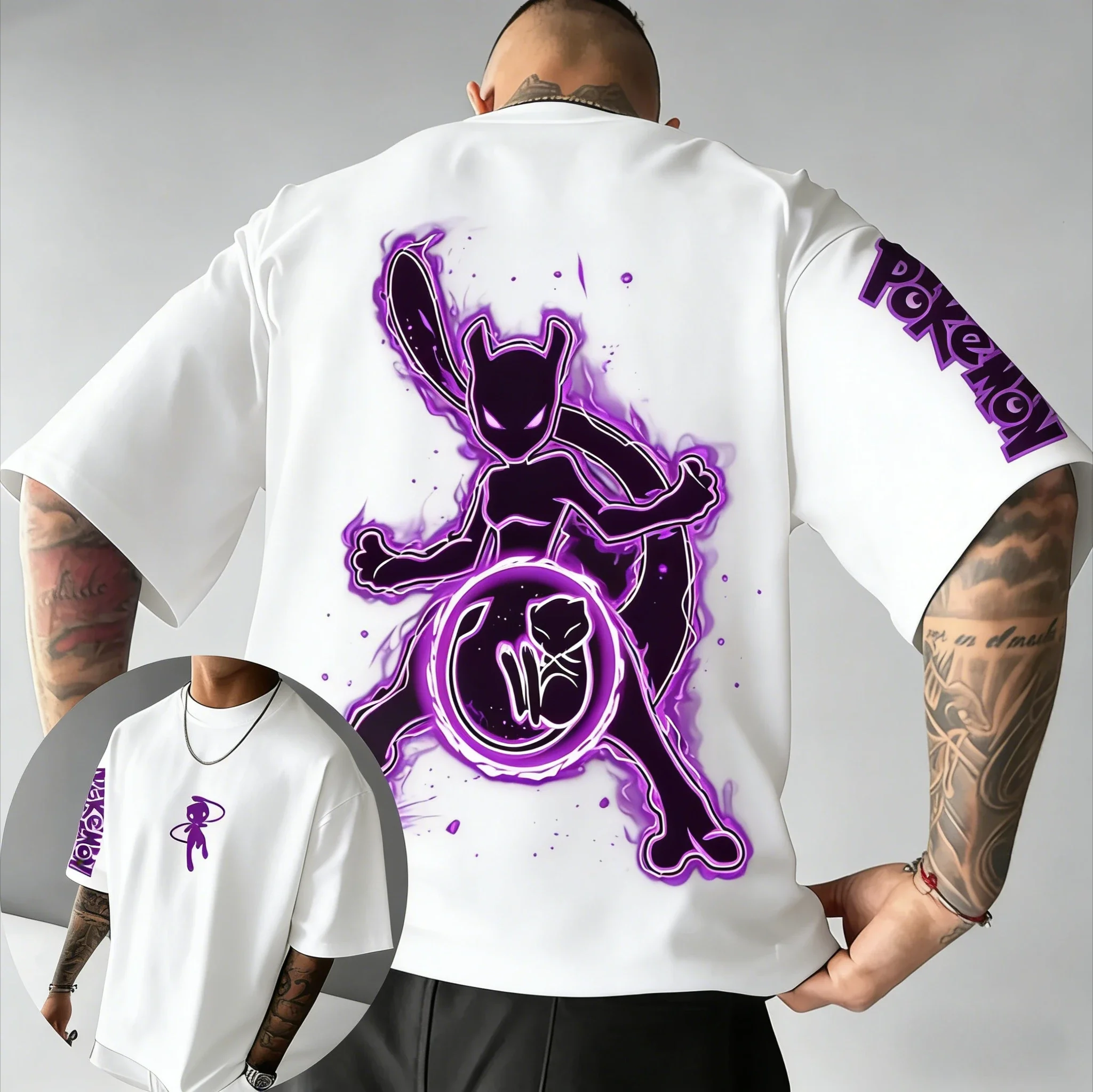 

Pokémon Men's and Women's Cotton T-shirt NewSummer New Mewtwo Printed Street Hip Hop Trendy Casual Loose Y2K Parent Child Top