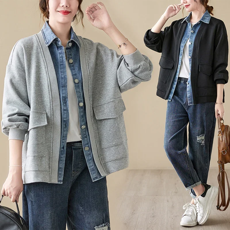 

Korean Women's Jacket Spring Autumn Fake Two Denim Stitching Sweatshirt Coat Casual Loose Long Sleeve Outerwear Female