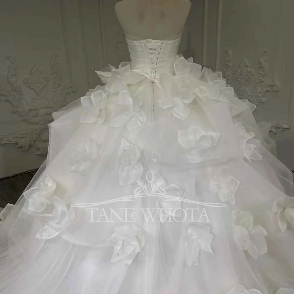Robe De Mariée Femme Strapless Lace Up กลับหรูหราชุดบอลซาตินชุดแต่งงานดอกไม้
