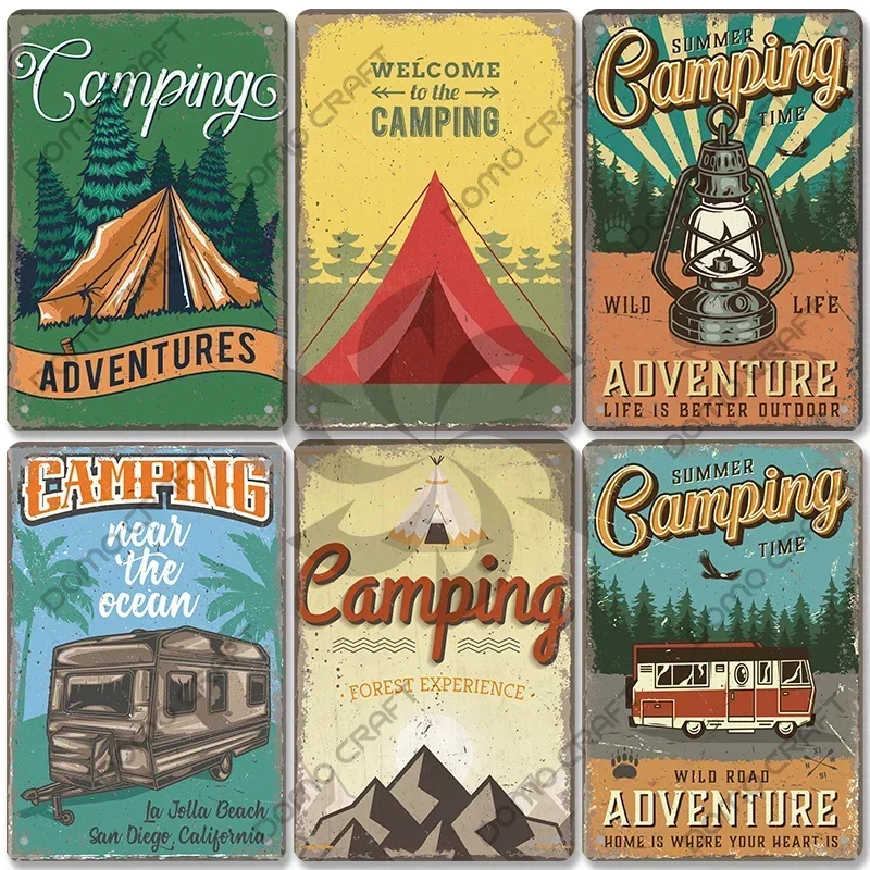 Camping Adventure Plaques Vintage Metal Plate Mountain Trip Campervan Tours Retro Metal Sign Wall Decor Travel Club Camping Cars