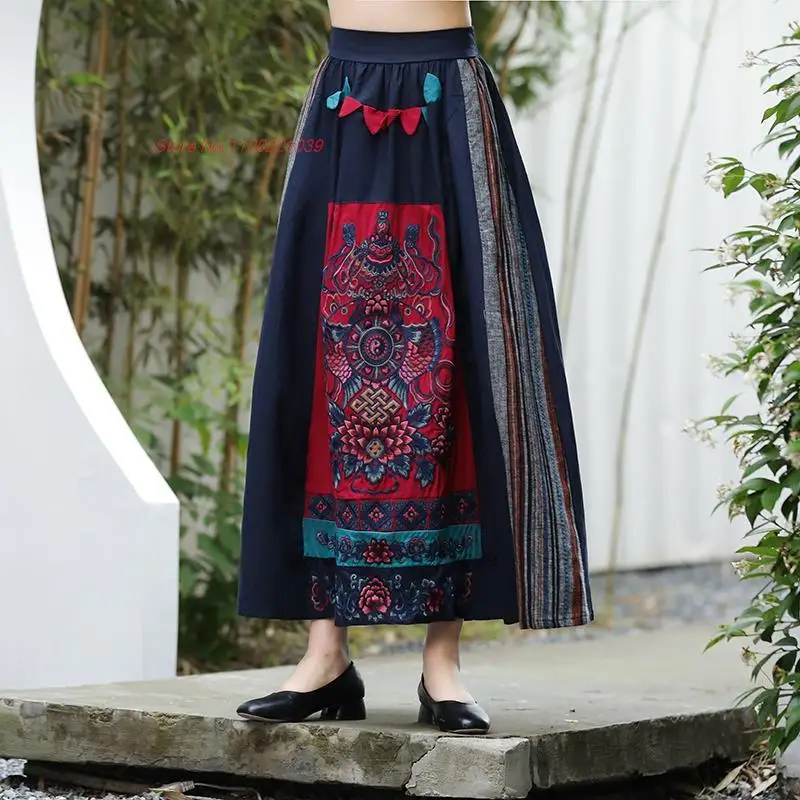 

2024 oriental women harajuku vintage long skirt chinese ethnic style cotton linen skirt national retro flower embroidery skirt