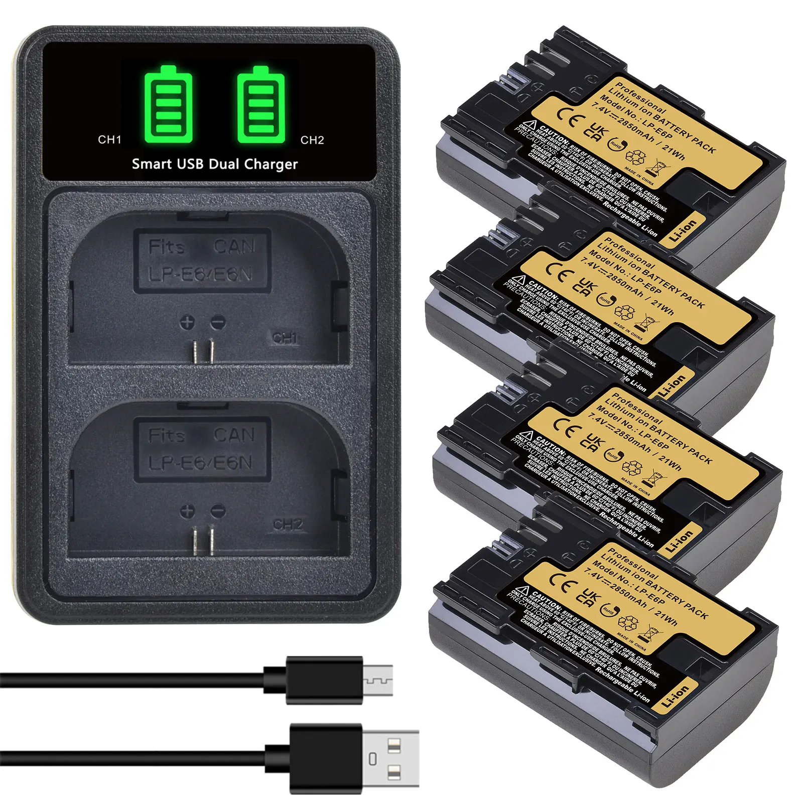 2850mAh LP-E6P Li-ion Battery/LP-E6 Charger for Canon EOS R5 Mark II,EOS R6 Mark III,EOS R5,R6,R7,R,5D II III IV,6D II,7D,XC10
