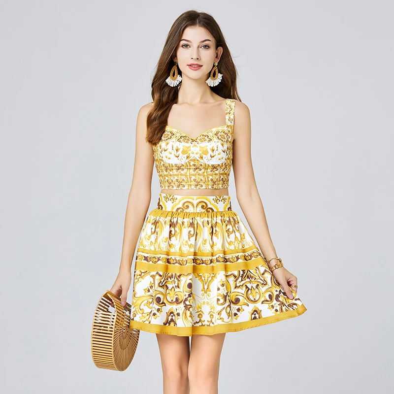 Summer Yellow And White Porcelain Print Holiday 2 Piece Set Women Spaghetti Strap Back Zip Chest Pad Corp Tops + Mini Skirt Suit