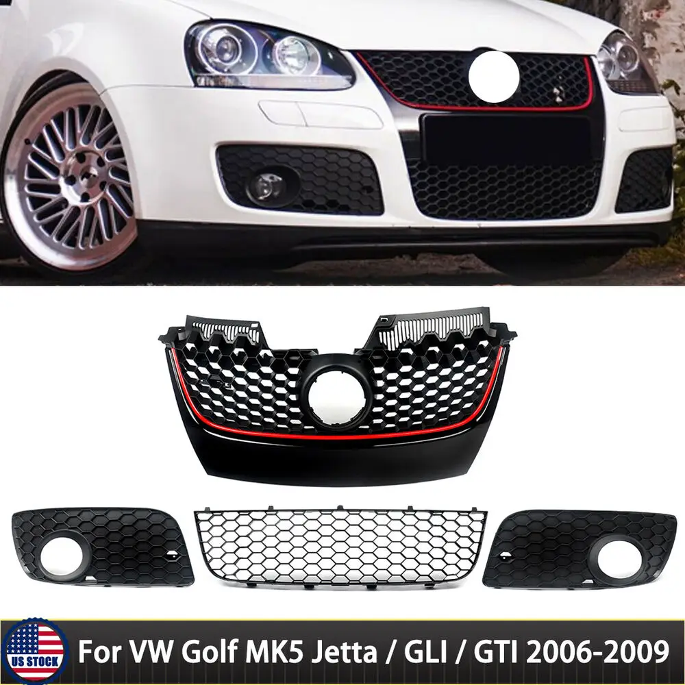 Car Honeycomb Hex Mesh Front Bumper Lower Grills Racing Grills Black w/ Red Trim For VW Golf MK5 Jetta/GLI/GTI 2006-2009