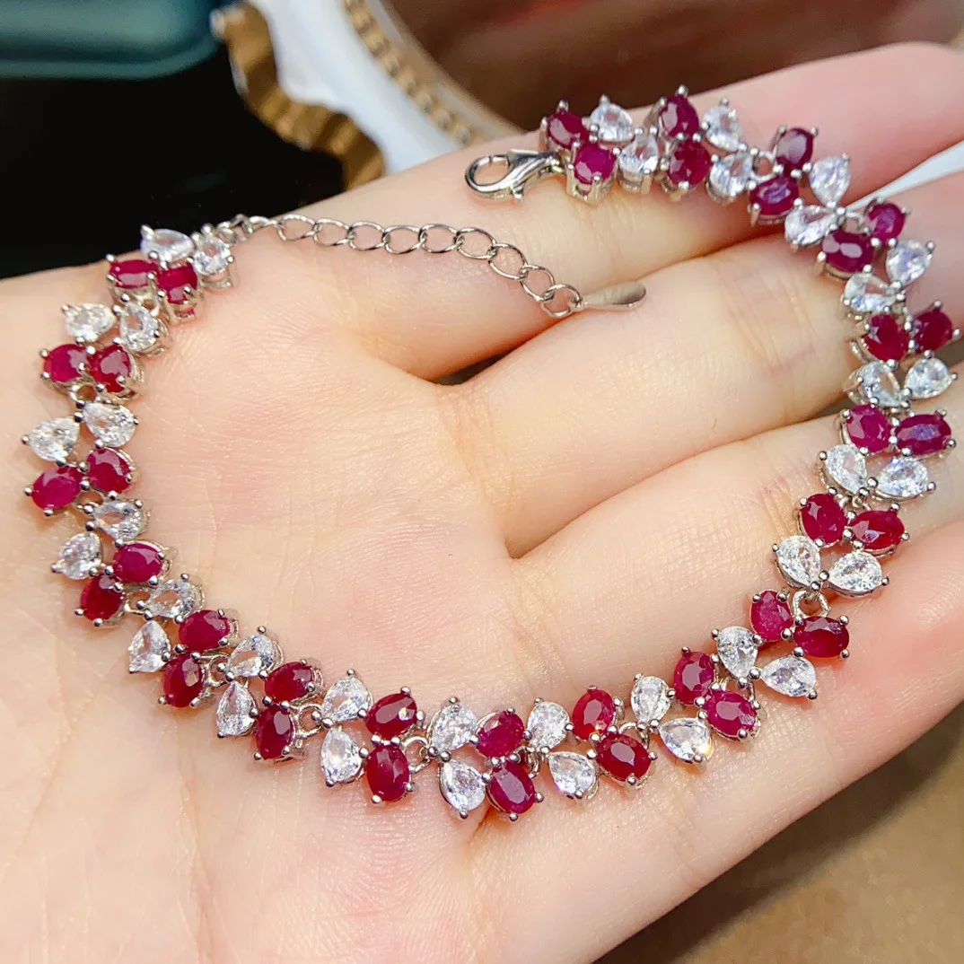 S925 Sterling Silver Natural Heated Ruby Bracelet,3*4mm Oval Gemstone With Zircon Accent,Adjustable Jewelry Gift for Women