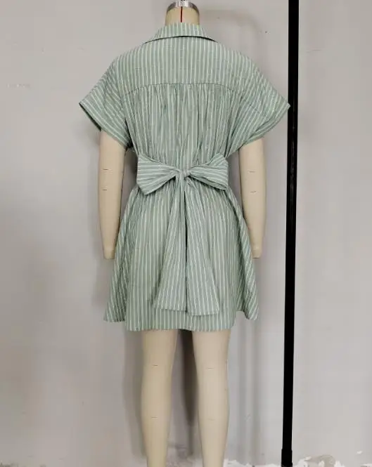 여름 신상 라펠 스트라이프 프린트 레이스업 슬림핏 A라인 반팔 원피스 여성용, 우아하고 심플한 출퇴근 셔츠 원피스