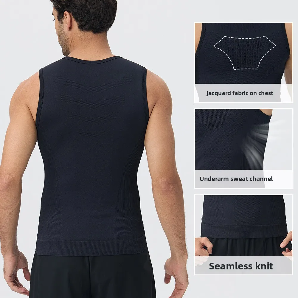 Men's seamless tight fitting vest shaping sports top breathable training fitness suit elastic black running vest quick drying