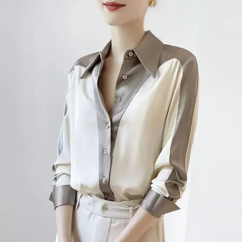 

Уличная одежда: однотонная рубашка с пэчворком, универсальная женская стильная блузка с воротником-поло на одной пуговице для весны и осени