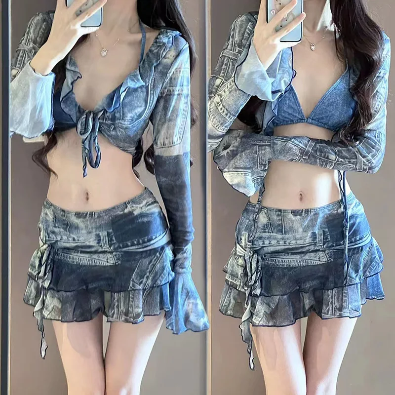 Bikini maillot de bain mode rétro Denim bleu Bikini quatre pièces femmes Sexy Lingerie Spa plage vacances mince Sexy Hottie maillots de bain