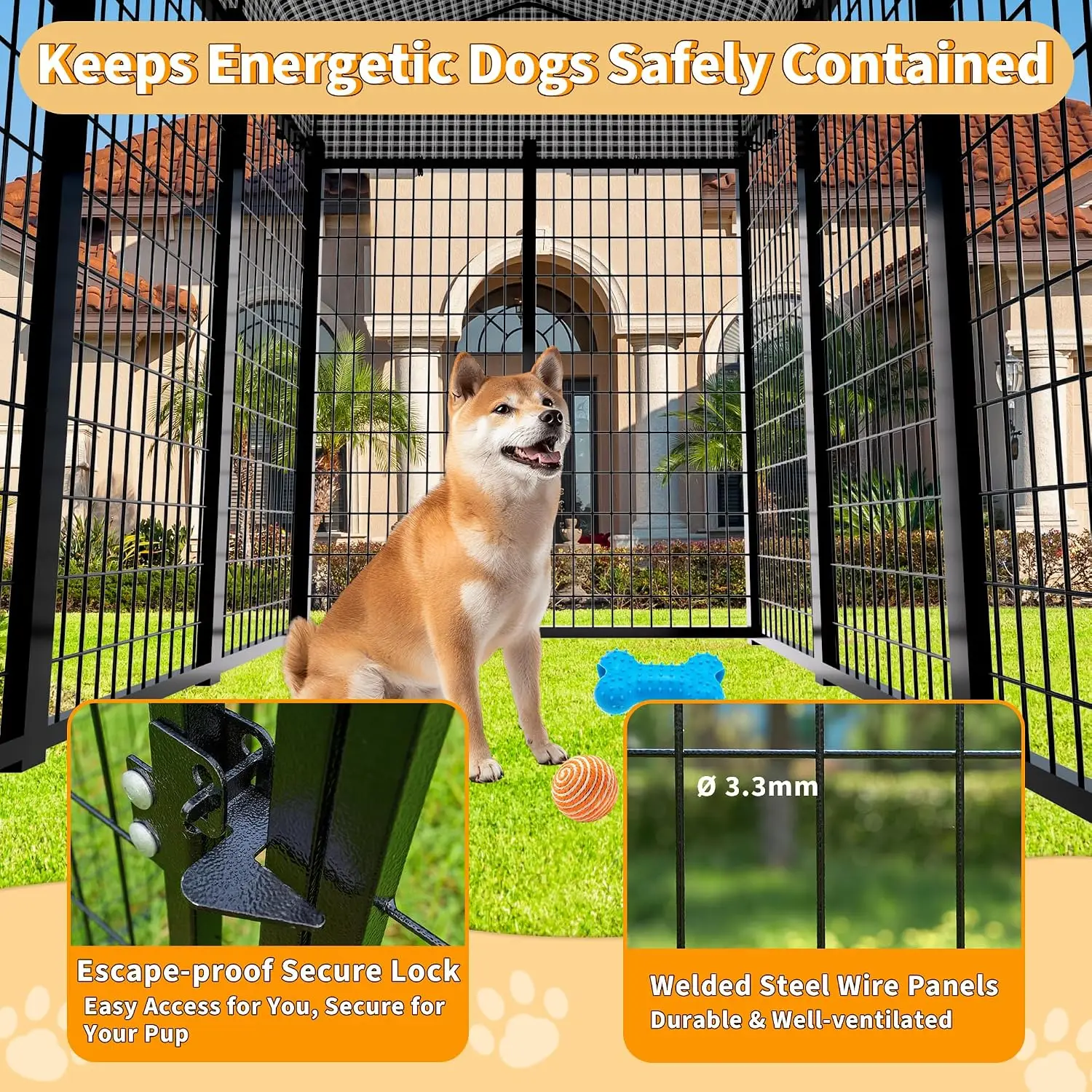 Heavy-Duty Dog Kennel with Roof Outdoor Run Enclosure Removable Cover Playpen Latch-Lock & Feeding Door 4x8x6 Ft, Customized view 4