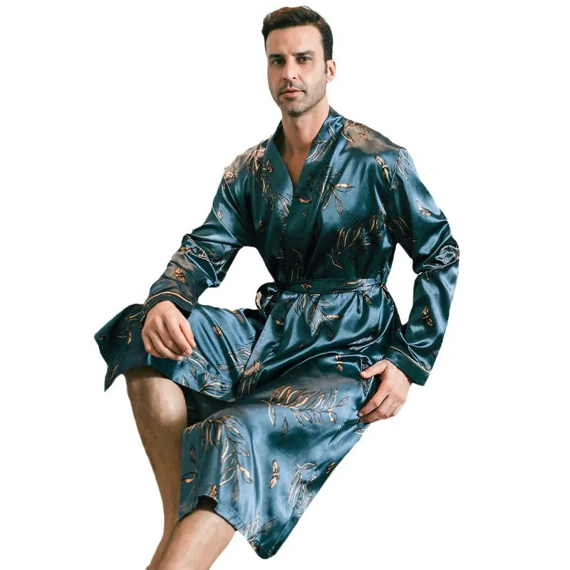 Men's Spring Autumn Silky Satin Dragon Print Kimono Robe Oversized Pajamas Male Long Sleeved Bathrobes Ice Silk Home Clothing