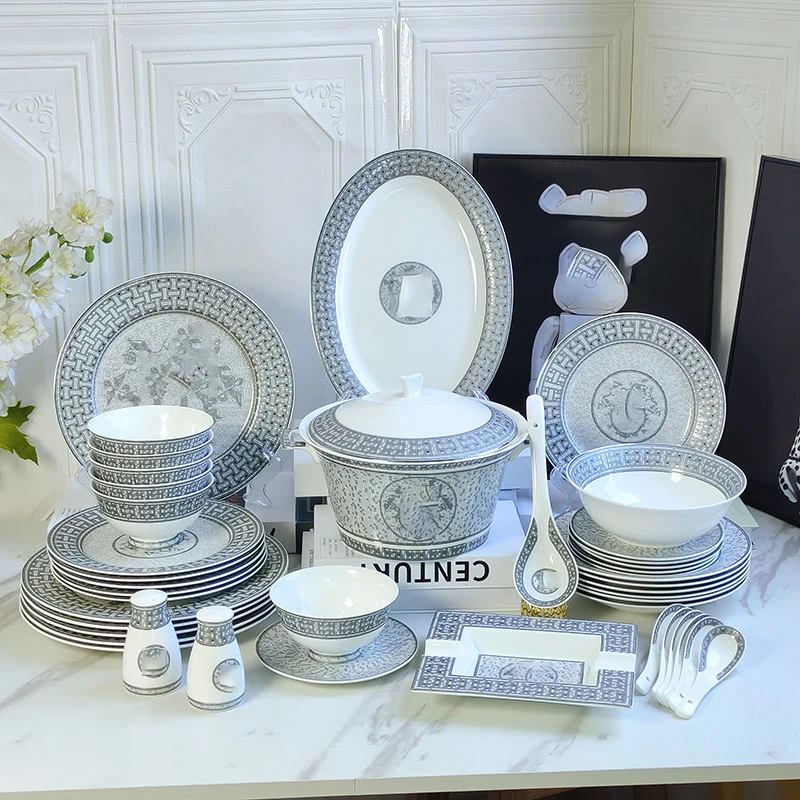 Kitchen Utensils Luxury Tableware Mosaic Dinner Set Dinnerware Set Grey Royal Western Ceramic Bone China 58pcs