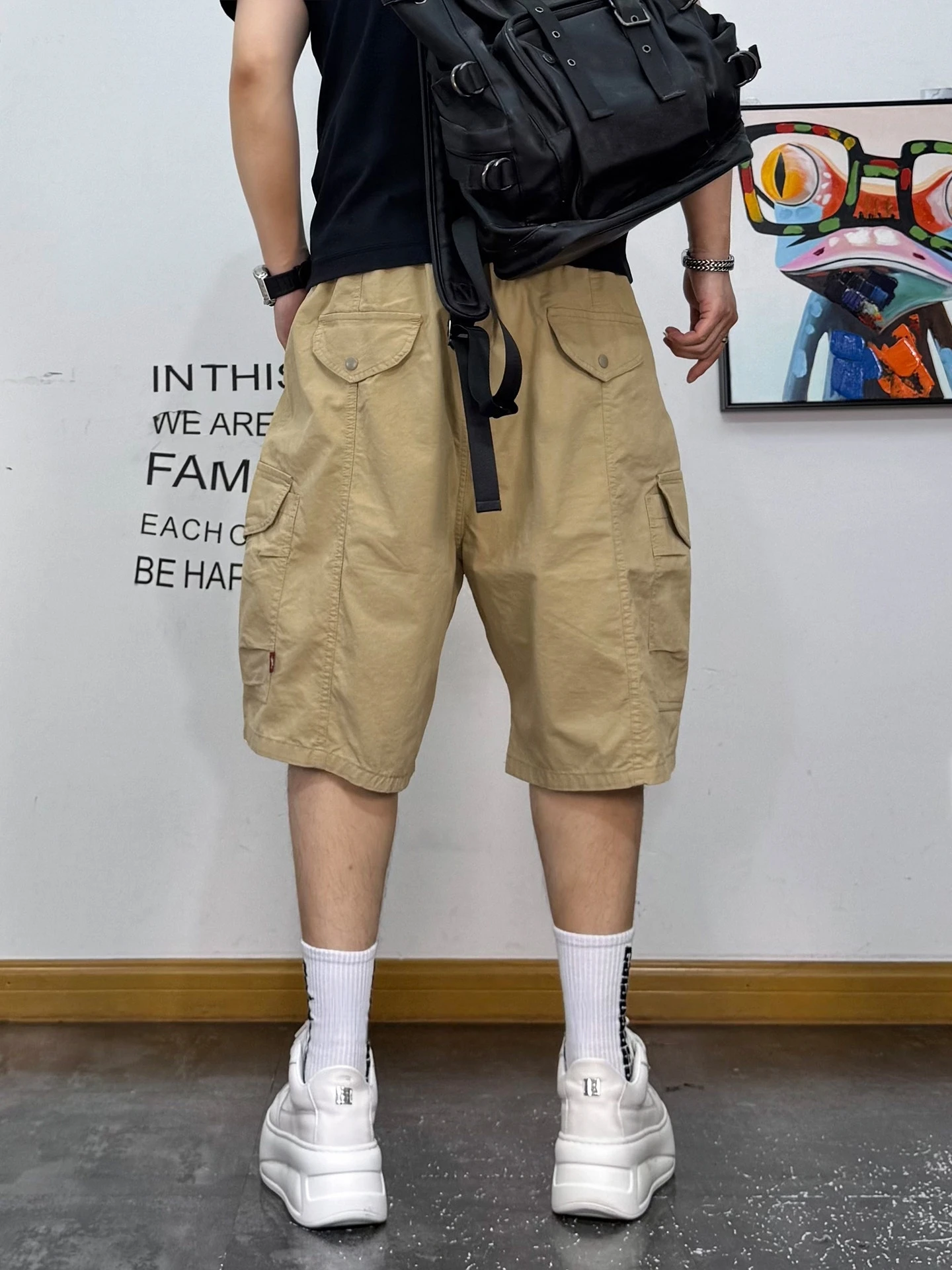 Cargo Shorts Cargo Pockets Elastic Waist Mens Summer Streetwear Loose Fit Casual Trendy Cotton Breathable Mid Length Pants Male
