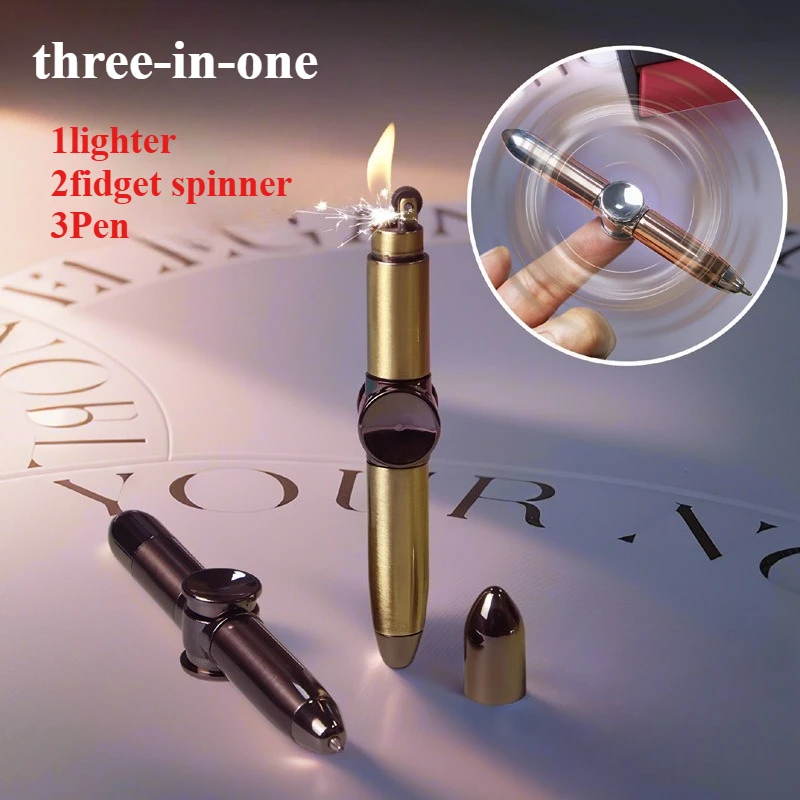 Decompression Toy Pen Rotating Gyroscope Lighter Outdoor Portable Writing Pen Grinding Wheel Ignition Unusual Kerosine Lighters