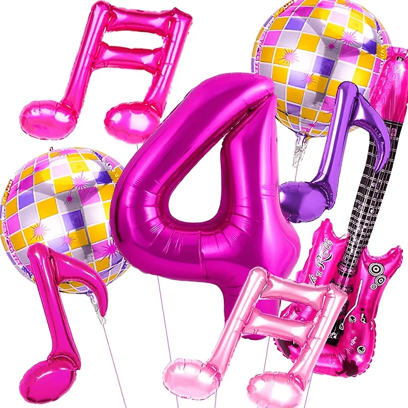 8 Stück Musiknoten-Gitarren-Discokugel-Ballons 32 Zoll Rosenrote Zahlen 1-9 Ballon-Set Musik-Themen Geburtstagsparty-Dekorationen – Detail 4