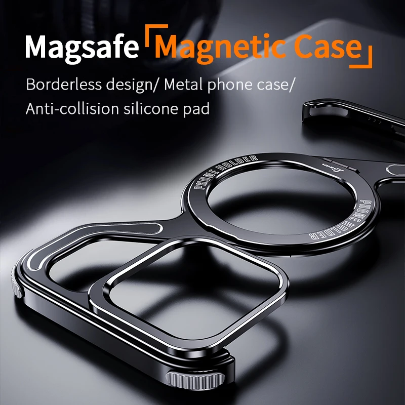 Metal Z Shape Magnetic MagSafe Stand Phone Case For iPhone 13 14 15 16 Pro Max Aluminum Alloy Removable Snap-on Rimless Cover