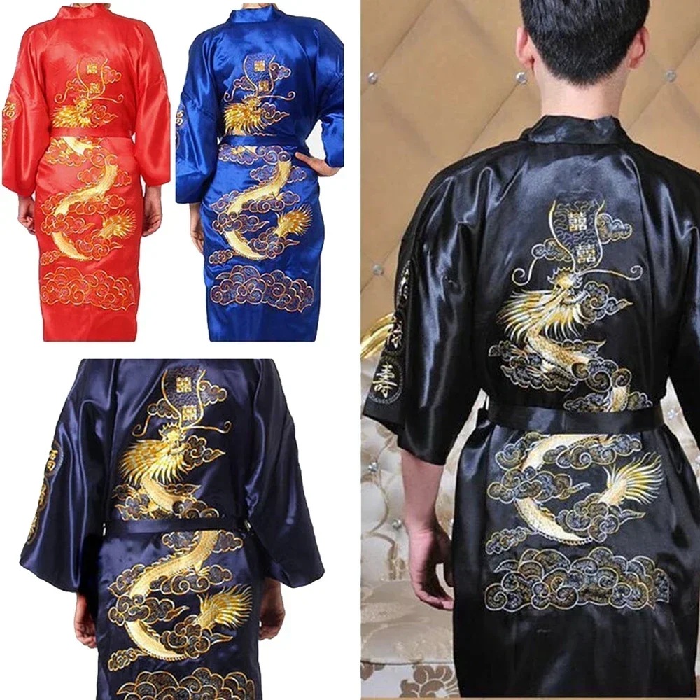 Men\'s Satin Robes Chinese Style Dragon Embroidery Kimono Silk-like Bathrobe Pajamas Sleepwear Gown Bath Robe