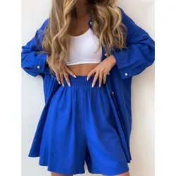 Summer Women's Suit Solid Cotton Casual Shorts and Shirts 2 Piece Sets Womens Outfits Linen Fashion Blouse Women's Suit 2025