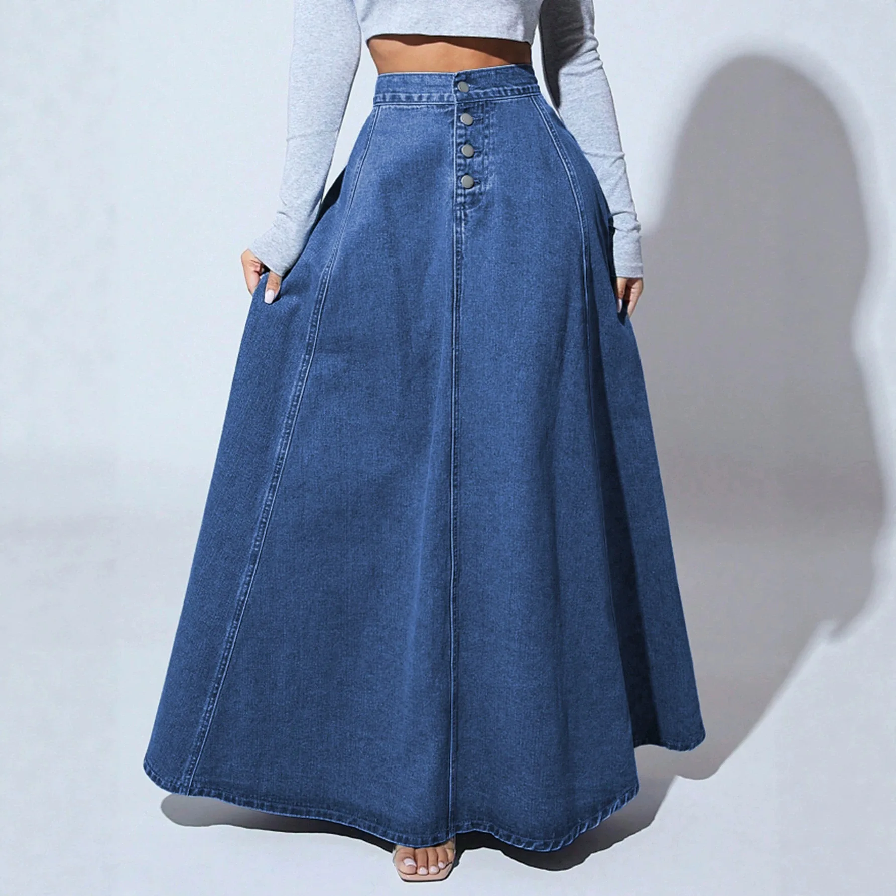Cowboy Skirt Women's Long Skirt High Waisted A-line Single Breasted Washed Solid Color Simple Casual Splicing Y2k Street Wear