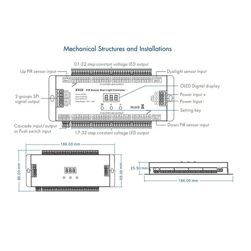 32CH ES32 PIR Sensor Stair Light Controller Human Body Infrared Inductive Switch Stair Lamp Control For Single Color
