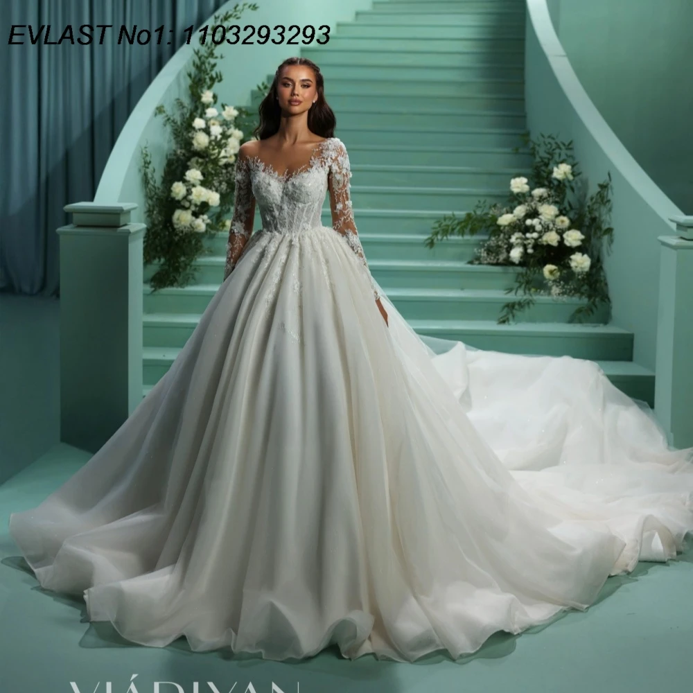 

EVLAST индивидуальное винтажное свадебное платье трапециевидной формы с длинными рукавами и кружевной аппликацией, расшитое бисером свадебное платье Robe De Mariee TBD47