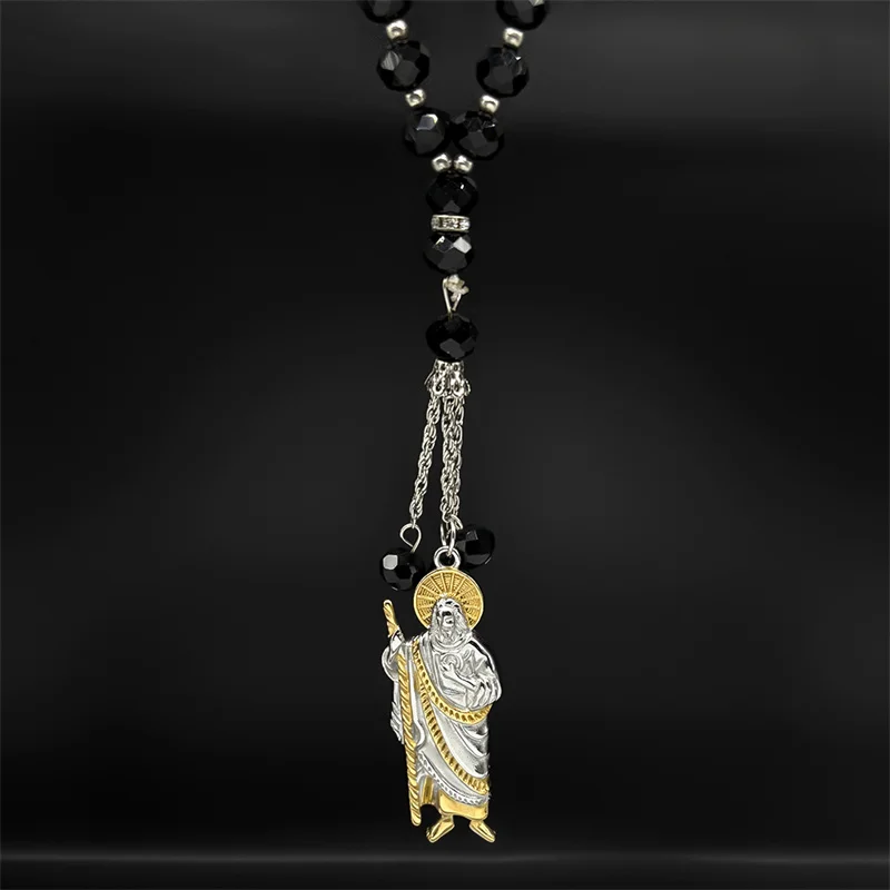 San Judas Tadeo Car Pendant Stainless Steel Gold Silver Color Saint Jude Thaddeus Glass Prayer Beads Chain Amulet Jewelry Gift