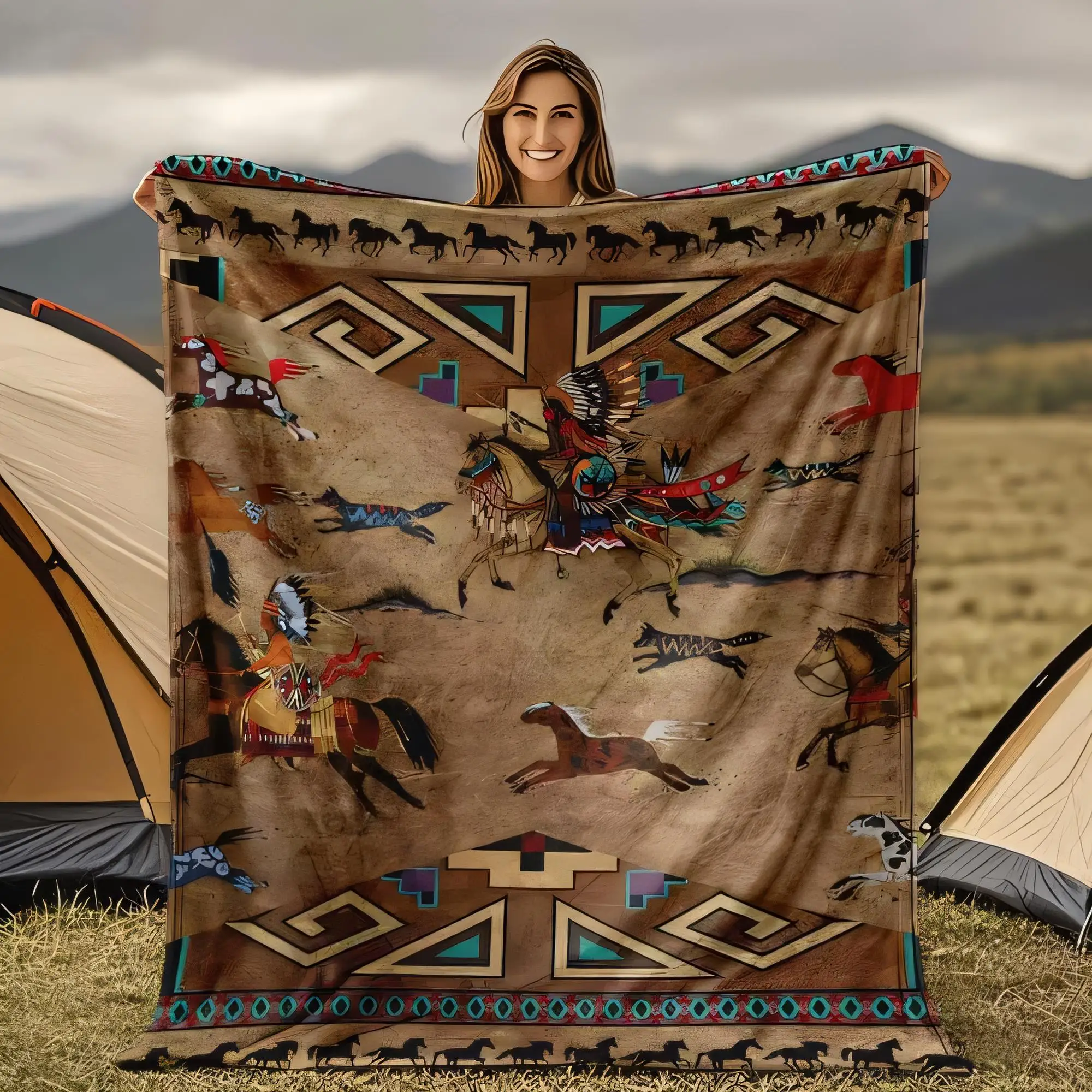 Manta decorativa grande inspirada en los nativos americanos para acampar aventura al aire libre, base beige con guerrero vibrante a caballo
