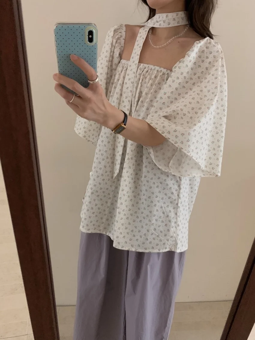 Alien Kitty Retro Florals ผู้หญิงเสื้อ Chic ทุกวันฤดูร้อน 2025 Sweet Slash คอ Flare Sleeve ใหม่สบายๆพิมพ์หลวม Blusas