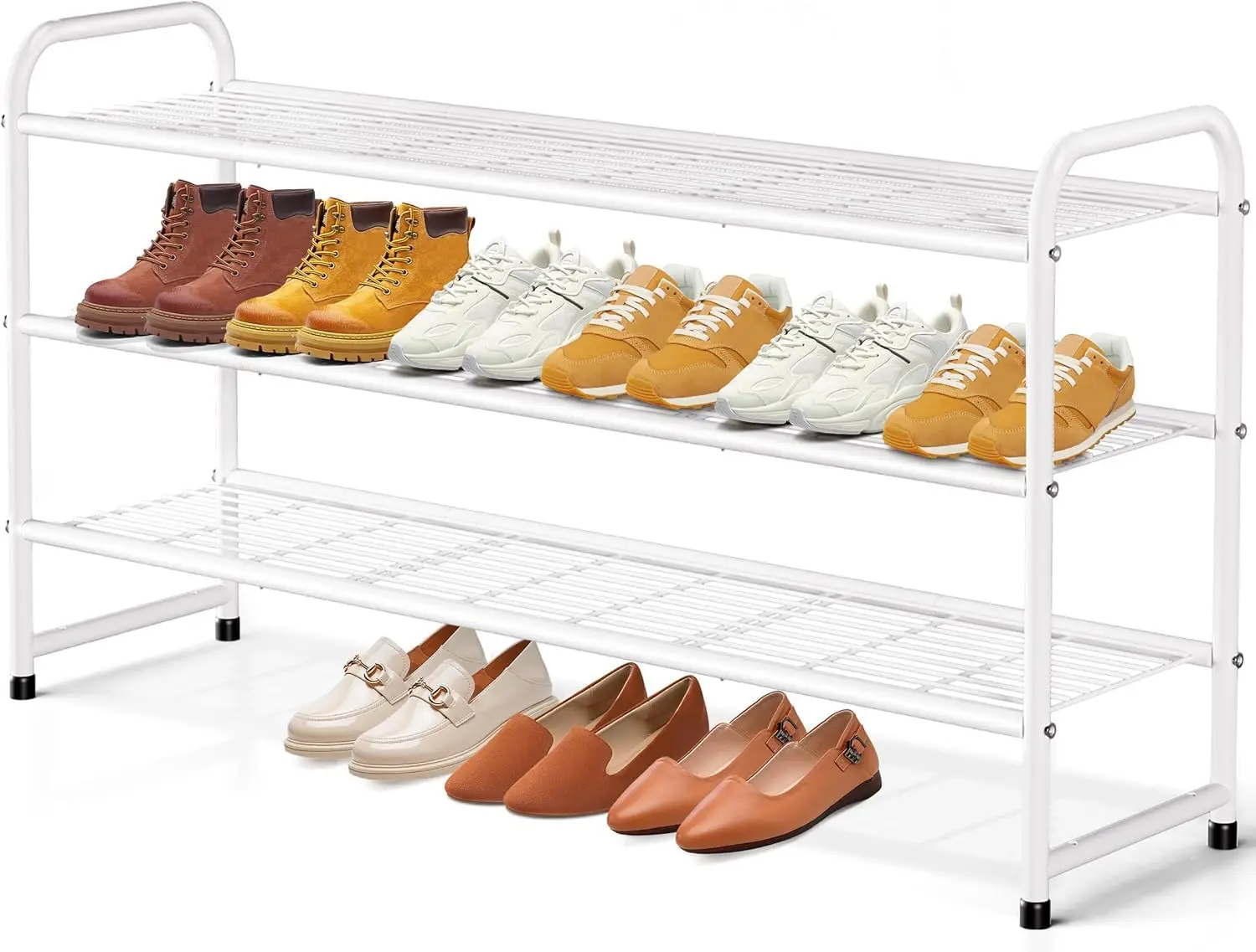 3-Tier Metal Shoe Rack, White Stackable Closet Organizer with Wire Grid, Wide Storage Shelf for Entryway or Bedroom