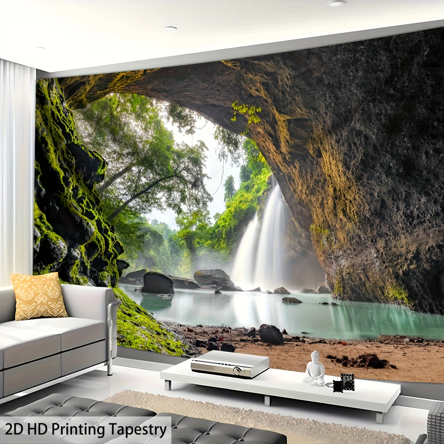 Cave Waterfall Tapestry Wall Hanging, Natural Rock Arch and Forest Stream Landscape, 2D HD Printing Home Decor for Living Room