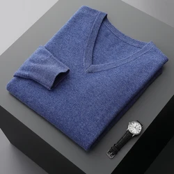 Suéter de cashmere com decote em v masculino espesso solto, lã de cor sólida, malha, casual para negócios novo, outono e inverno