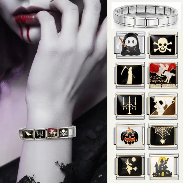 Personalized DIY Halloween Series Italian Charm Bracelet Skull Pumpkin Spider Bat Devil Witch Pattern Bead Bracelet Jewelry Gift