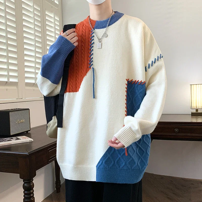 2025 Men's Color-Block Knit Sweater Contrast-Color Crew Neck Oversized Sweater Trendy Versatile Men's Wear College Knit Sweater