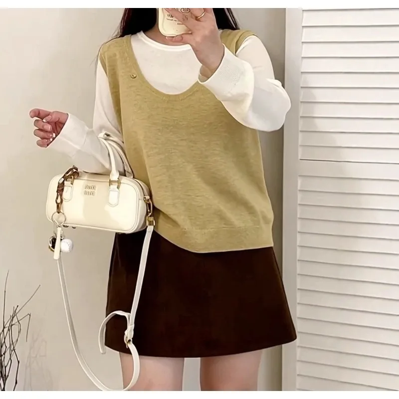 

Plus Size Women's Fake Two-piece Crew Neck Top Fall 2025 Versatile Casual Loose Knit
