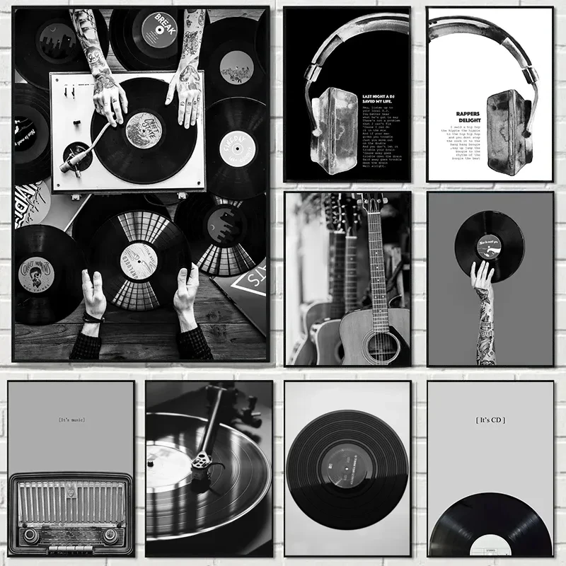 Vintage Music Vinyl Record Poster Wall Art Black and White Picture Headphone Lyrics Canvas Painting Prints Music Studio Decor