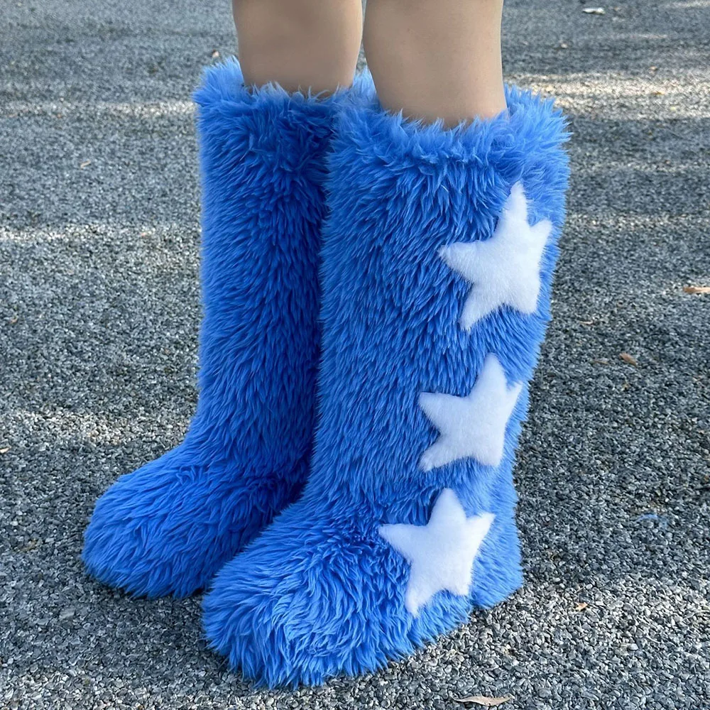 Big Size 44 Fashion Round Toe Flat Faux-Fox Fur Snow Boots For Woman Brand New Cute Star Y2K Winter Warm Ladies Fur Shoes