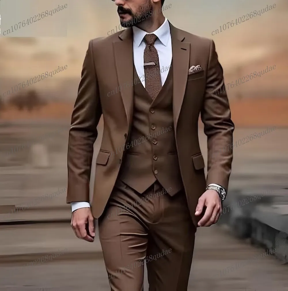 New Brown Formal Occasion Men Suit Wedding Party Groom Groomsman Male Business Tuxedos Costume 3 Piece Set Blazer Vest Pants