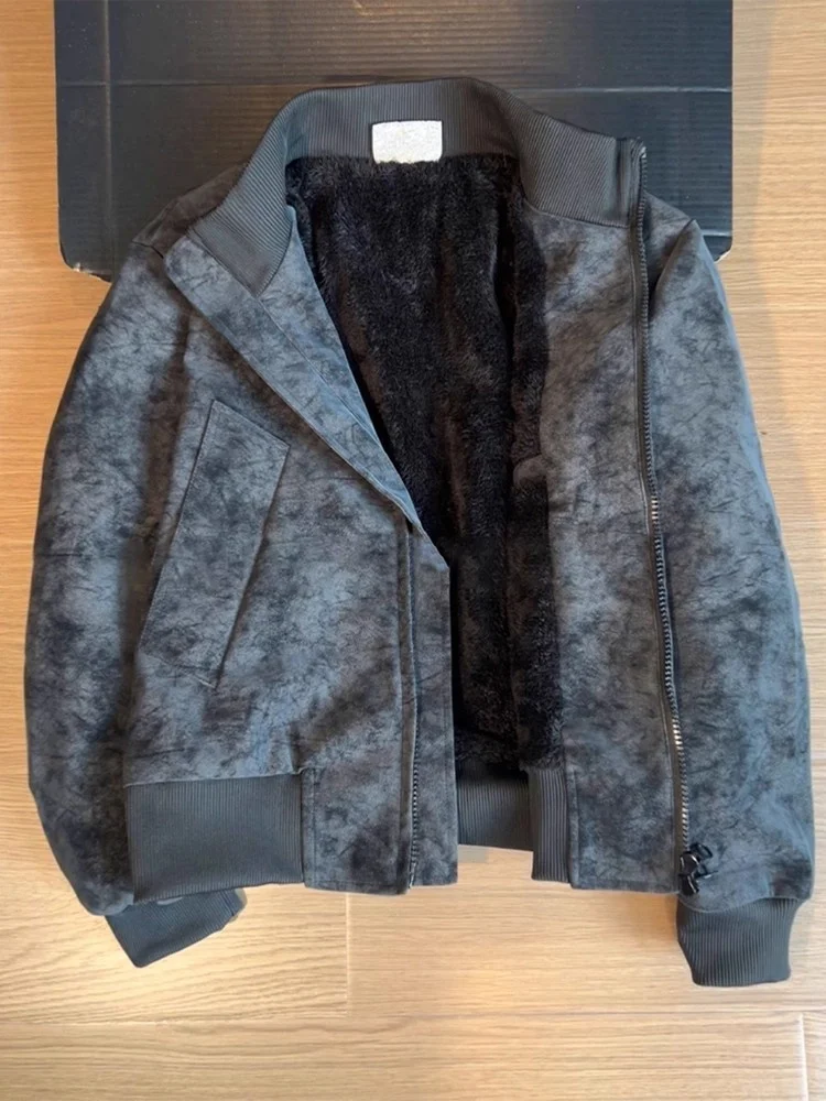 

American Dyed PU Leather Cotton Jaet Men's Winter Fce Lined Thi Bomber Flight Jaet Lamb Velvet Cotton Coat Outerwear