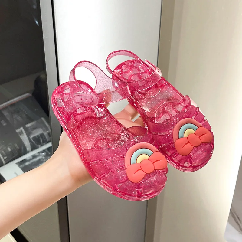 Summer New Children Sandal Slippers Girls Rainbow Bow Cartoon Crystal Jelly Sandal Princess Shoes Baby Kids Roman Beach Shoes