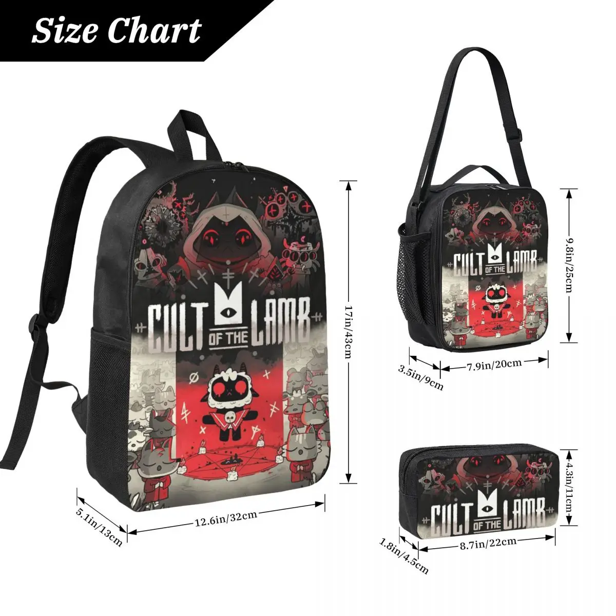 3Pcs Cult Of The Lamb Game School bags Set for Kids Pencil Boxes Backpack Sets with Lunch Box For School Students Knapsack